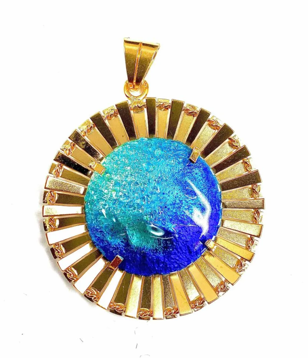 Pendentif Soleil émail bleu, Limoges H.MARTY
