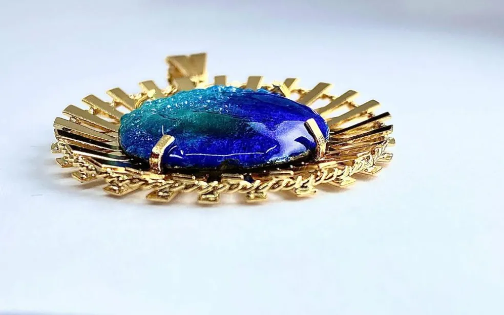 Pendentif Soleil émail bleu, Limoges H.MARTY