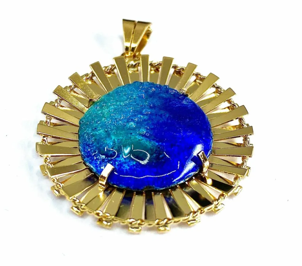 Pendentif Soleil émail bleu, Limoges H.MARTY
