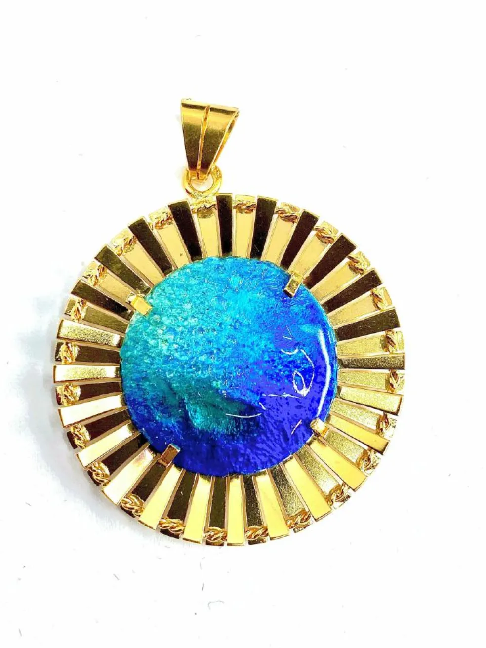 Pendentif Soleil émail bleu, Limoges H.MARTY