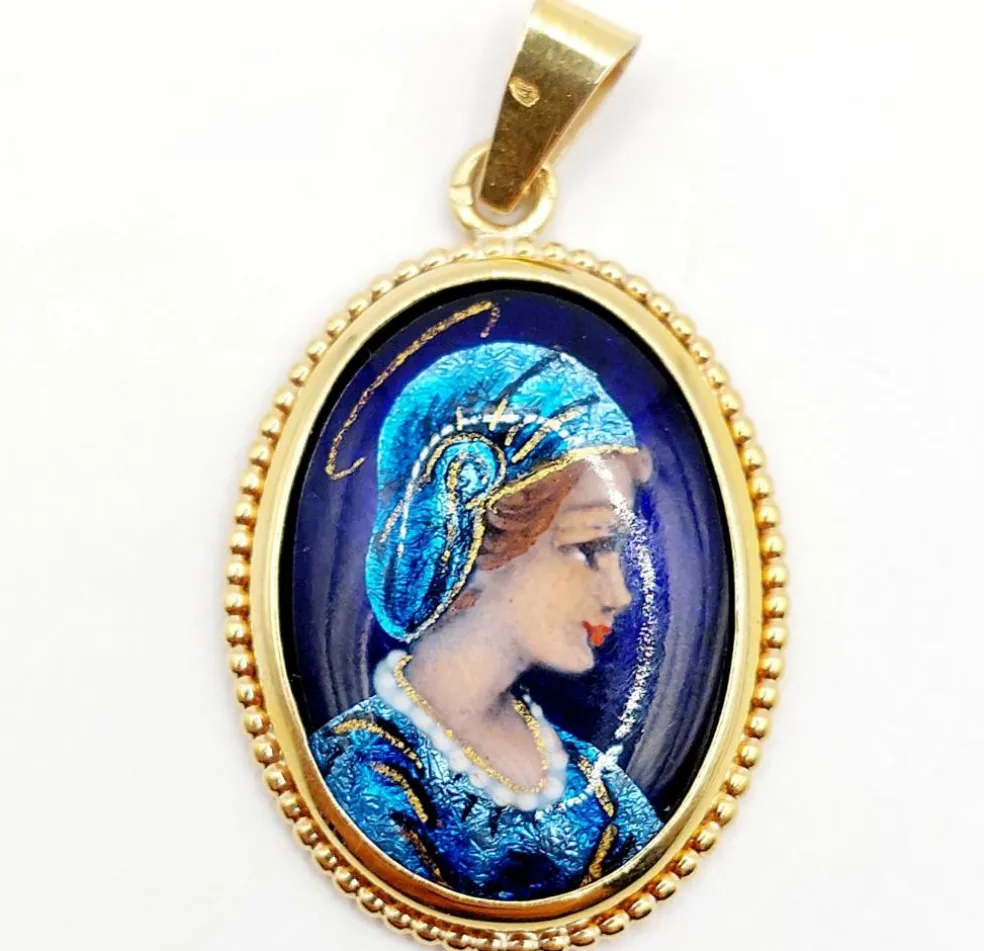 Pendentif style Art Nouveau or jaune, plaque émaillée jeune fille, vintage