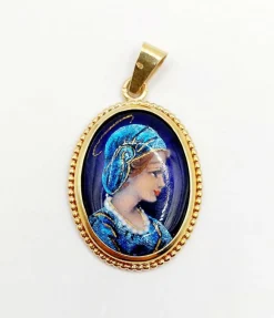 Pendentif style Art Nouveau or jaune, plaque émaillée jeune fille, vintage