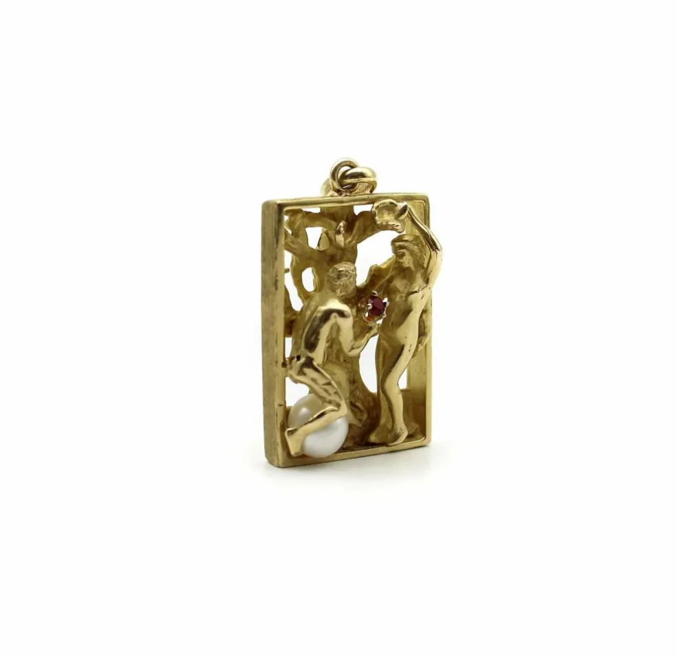 Pendentif vintage Adam et Ève en or 14 carats avec rubis et perle