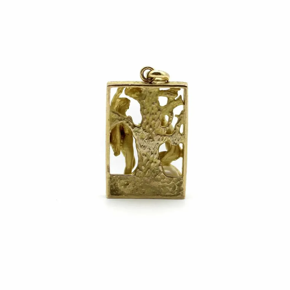 Pendentif vintage Adam et Ève en or 14 carats avec rubis et perle