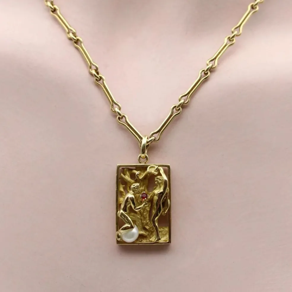 Pendentif vintage Adam et Ève en or 14 carats avec rubis et perle
