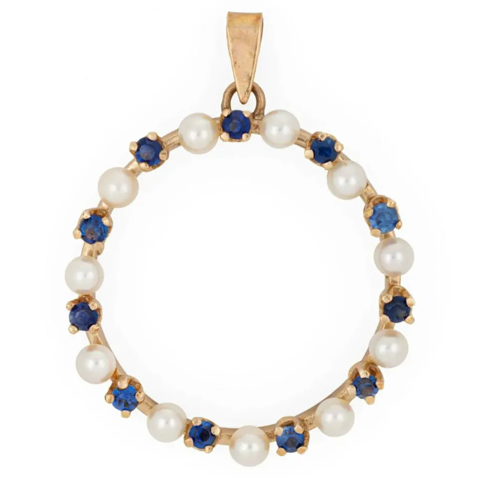 Pendentif vintage en forme de cercle avec perles de culture et saphir