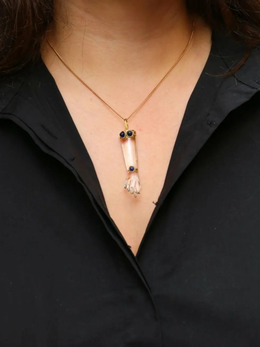 Pendentif vintage Main de Figa or cristal de roche et lapis-lazuli