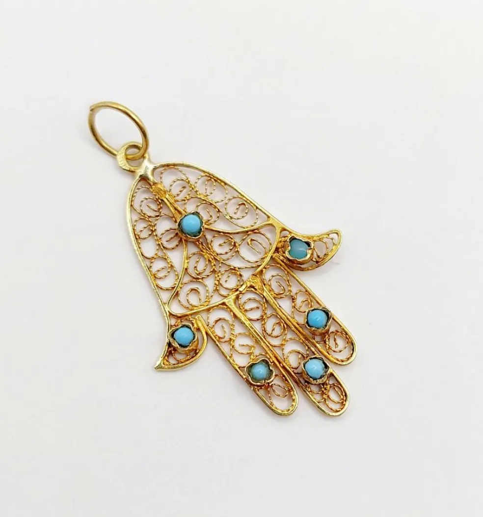 Pendentif vintage or jaune Main de fatma orné de turquoises (circa 1950)