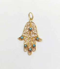 Pendentif vintage or jaune Main de fatma orné de turquoises (circa 1950)