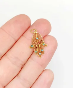 Pendentif vintage or jaune Main de fatma orné de turquoises (circa 1950)