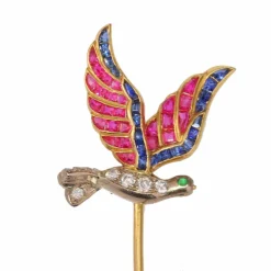 Pince à cravate vintage d'inspiration Art oiseau avec pierres précieuses multicolores