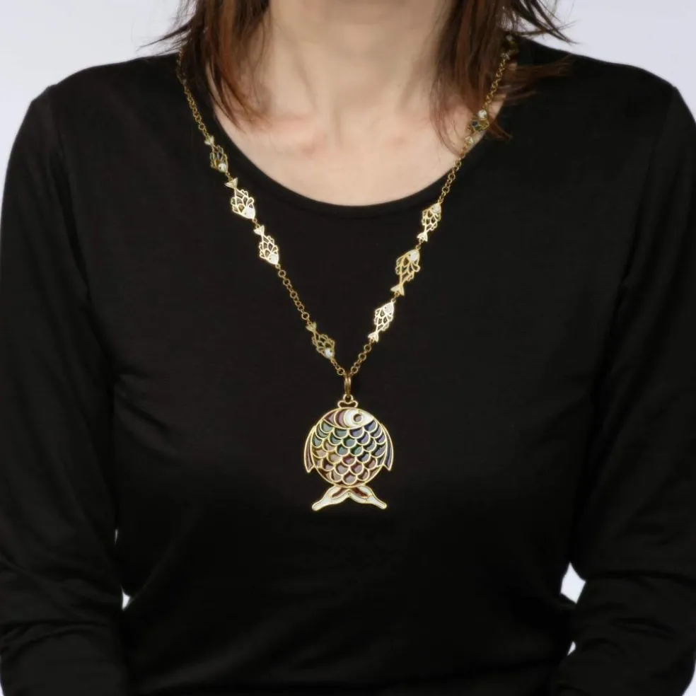 Plique a Jour Fish Necklace Vintage Yellow Gold