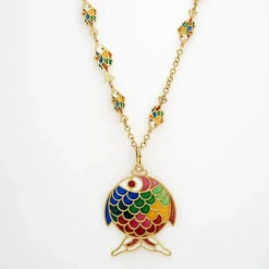 Plique a Jour Fish Necklace Vintage Yellow Gold