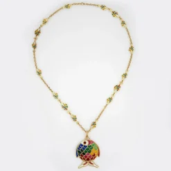 Plique a Jour Fish Necklace Vintage Yellow Gold