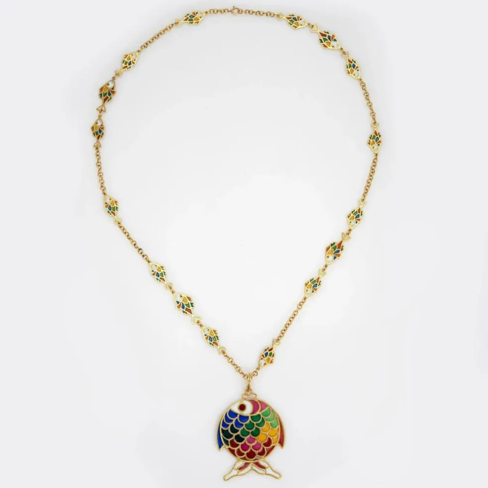 Plique a Jour Fish Necklace Vintage Yellow Gold