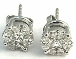 Puces d'oreilles or gris et diamants taille navette
