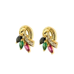 Puces d'oreilles or jaune, rubis, saphir, émeraude et diamants