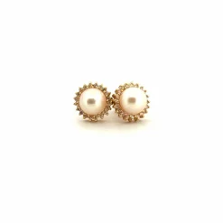 Puces d'oreilles or jaune perles et diamants