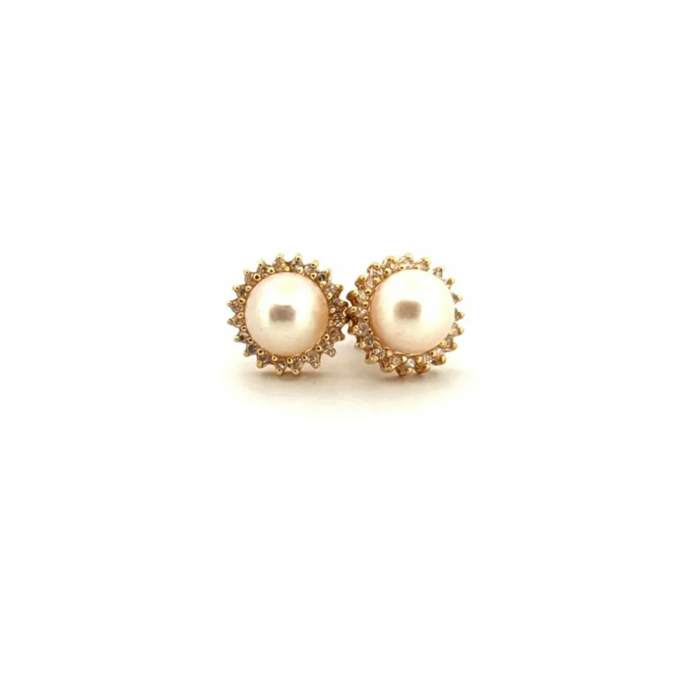 Puces d'oreilles or jaune perles et diamants