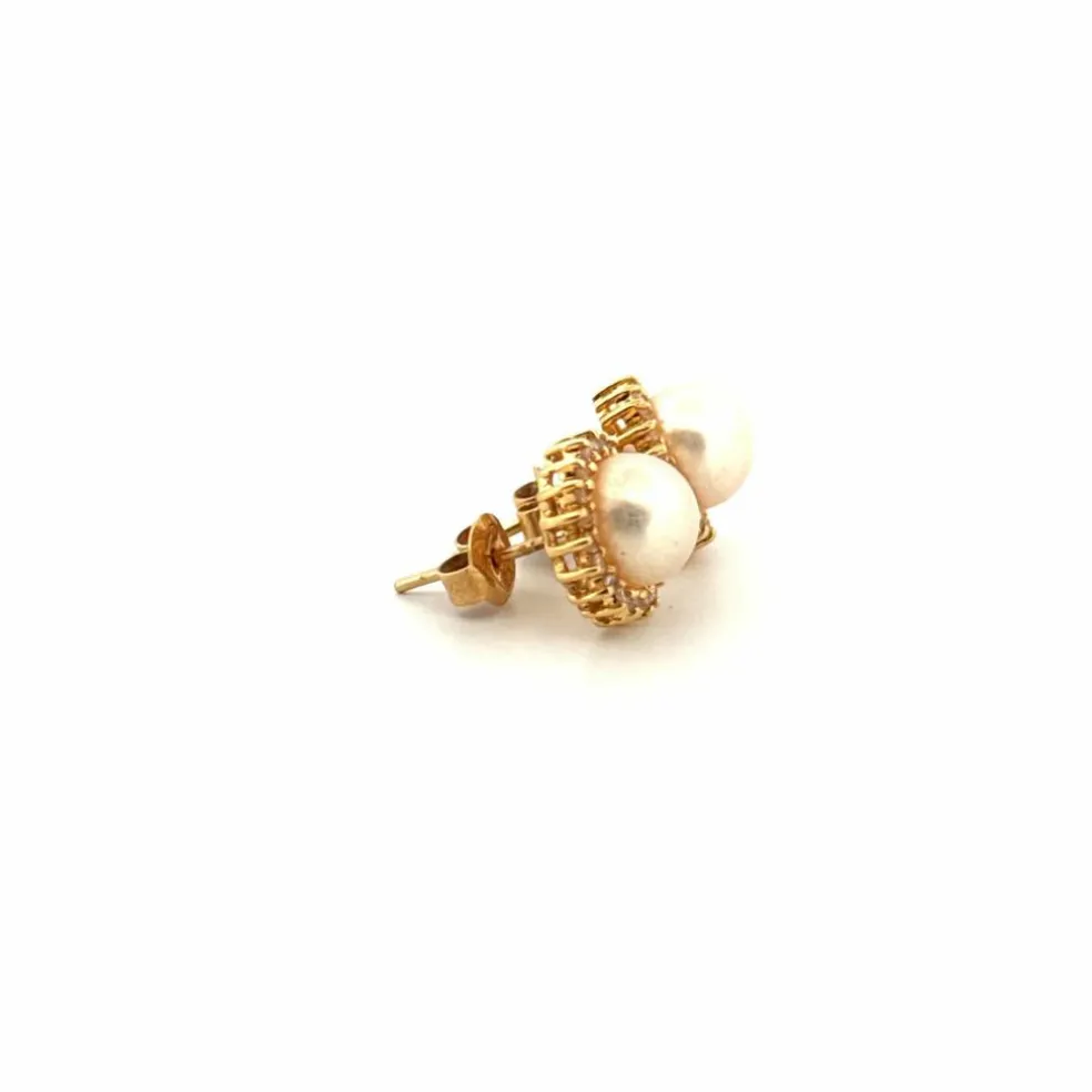 Puces d'oreilles or jaune perles et diamants