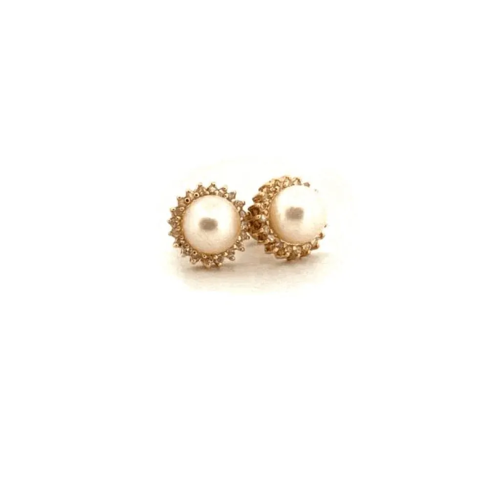 Puces d'oreilles or jaune perles et diamants