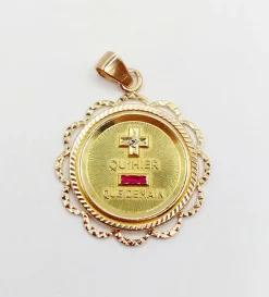 RARE Pendentif AUGIS médaille d'amour 26 mm or rose 18k orné de rubis : "+ qu'hier - que demain" (circa 1970)