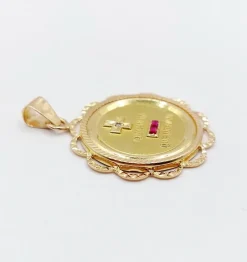 RARE Pendentif AUGIS médaille d'amour 26 mm or rose 18k orné de rubis :