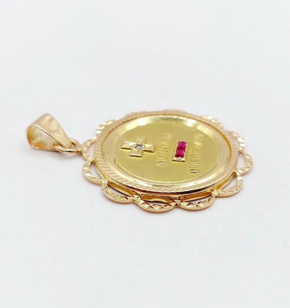RARE Pendentif AUGIS médaille d'amour 26 mm or rose 18k orné de rubis : "+ qu'hier - que demain" (circa 1970)