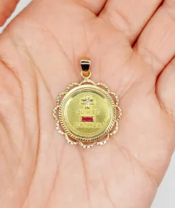 RARE Pendentif AUGIS médaille d'amour 26 mm or rose 18k orné de rubis :