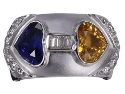 Saphirs bleus et jaunes coeur vintage avec diamants