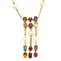 Sautoir avec perles, diamants et pierres fines de couleurs