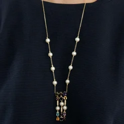 Sautoir avec perles, diamants et pierres fines de couleurs