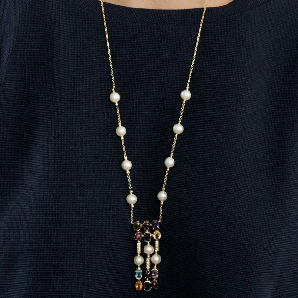 Sautoir avec perles, diamants et pierres fines de couleurs