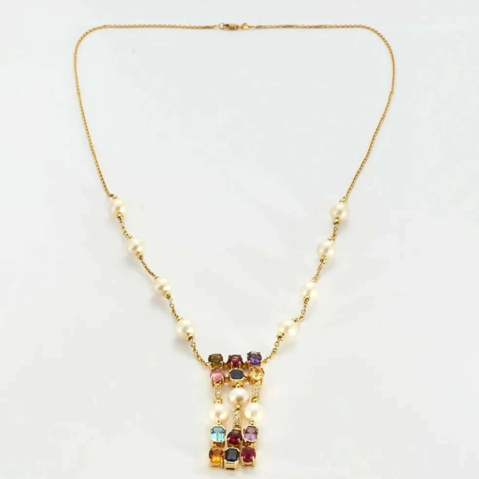 Sautoir avec perles, diamants et pierres fines de couleurs