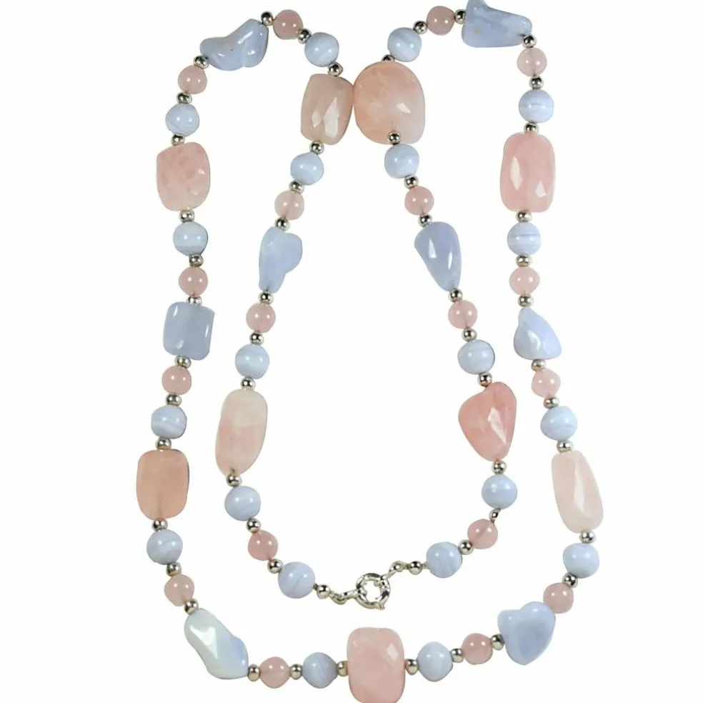 Sautoir Quartz Rose Calcédoine Argent