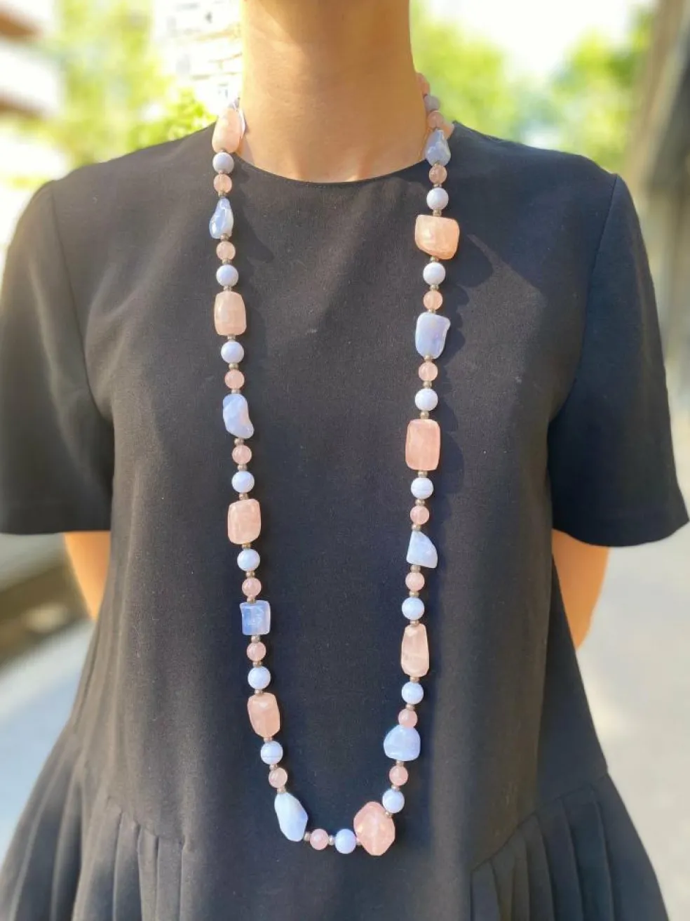 Sautoir Quartz Rose Calcédoine Argent