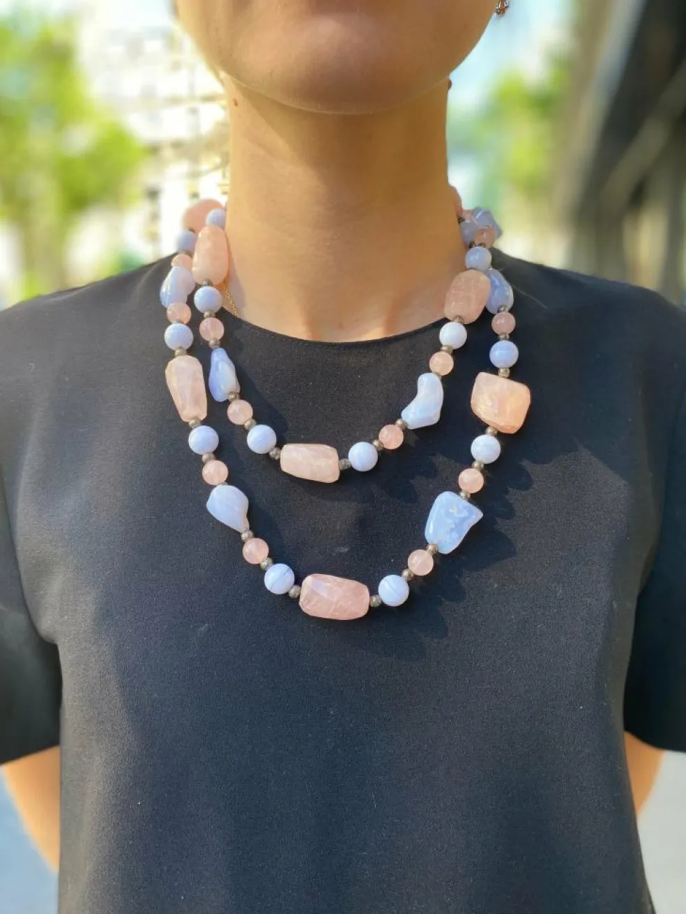 Sautoir Quartz Rose Calcédoine Argent