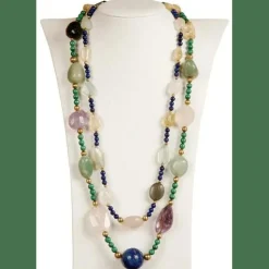 Sautoir Quartz Rose, Lapis Lazuli, Malachite, Aventurine, Calcédoine et Boules Vermeil