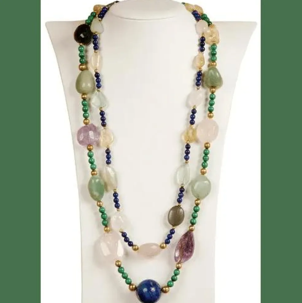 Sautoir Quartz Rose, Lapis Lazuli, Malachite, Aventurine, Calcédoine et Boules Vermeil
