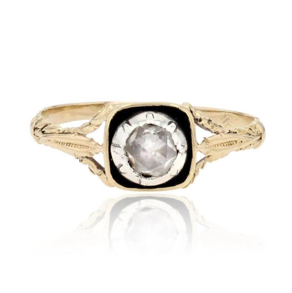 Solitaire ancien diamant émail noir et or