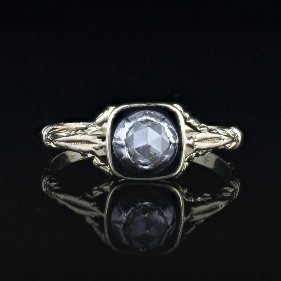 Solitaire ancien diamant émail noir et or