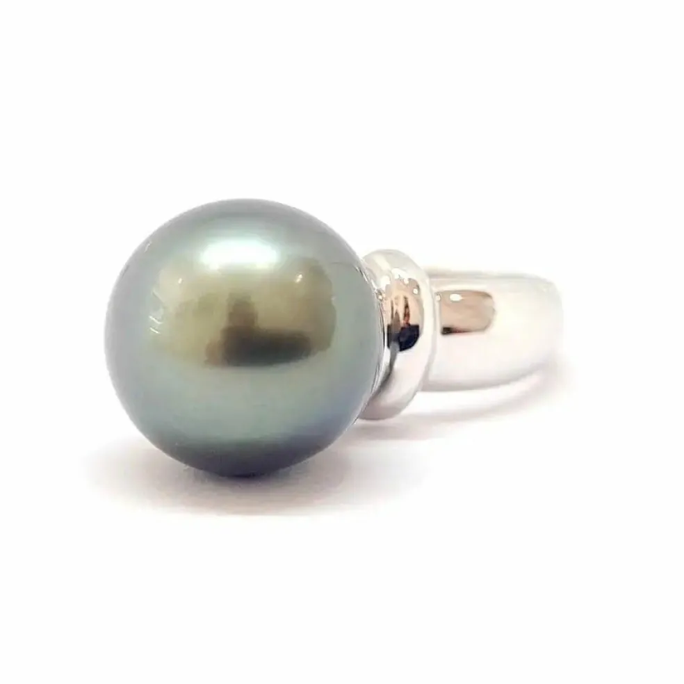 Solitaire perle de Tahiti or blanc 18 carats