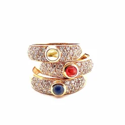 Trio de bagues or jaune diamants pierres de couleur