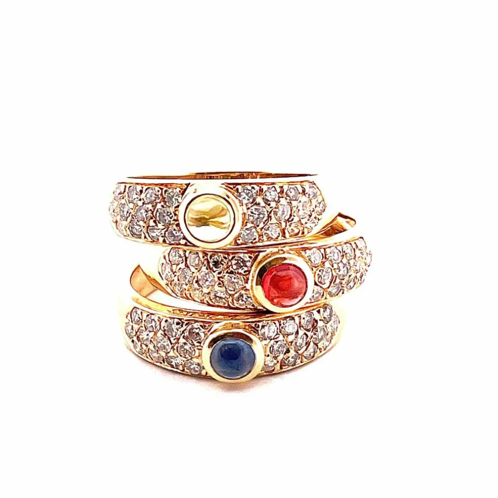 Trio de bagues or jaune diamants pierres de couleur