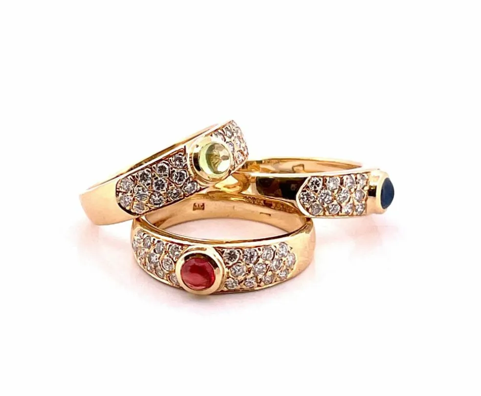Trio de bagues or jaune diamants pierres de couleur