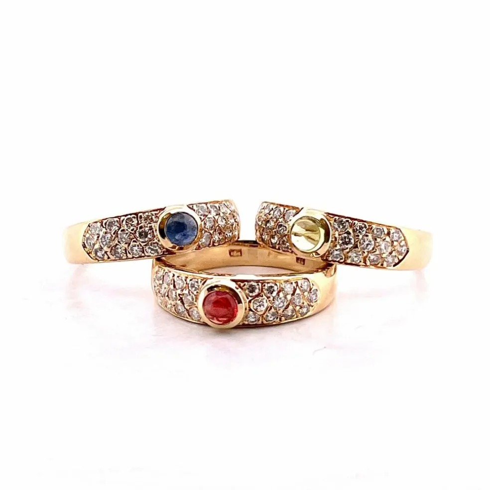 Trio de bagues or jaune diamants pierres de couleur