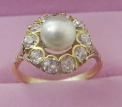 Vintage 14 karat Gold Cluster Ring, Pearl and old European cut Diamonds
