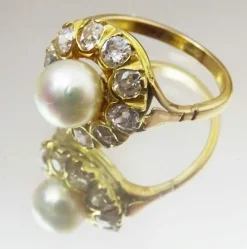 Vintage 14 karat Gold Cluster Ring, Pearl and old European cut Diamonds