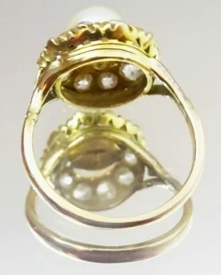 Vintage 14 karat Gold Cluster Ring, Pearl and old European cut Diamonds