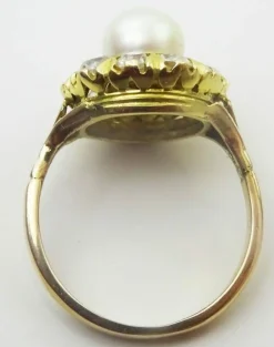 Vintage 14 karat Gold Cluster Ring, Pearl and old European cut Diamonds